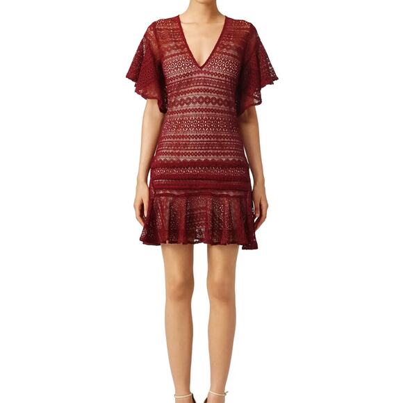 Marissa Webb Maroon Red Cybil Lace V-Neck Ruffled Short Sleeve Cocktail Dress S - Picture 1 of 8